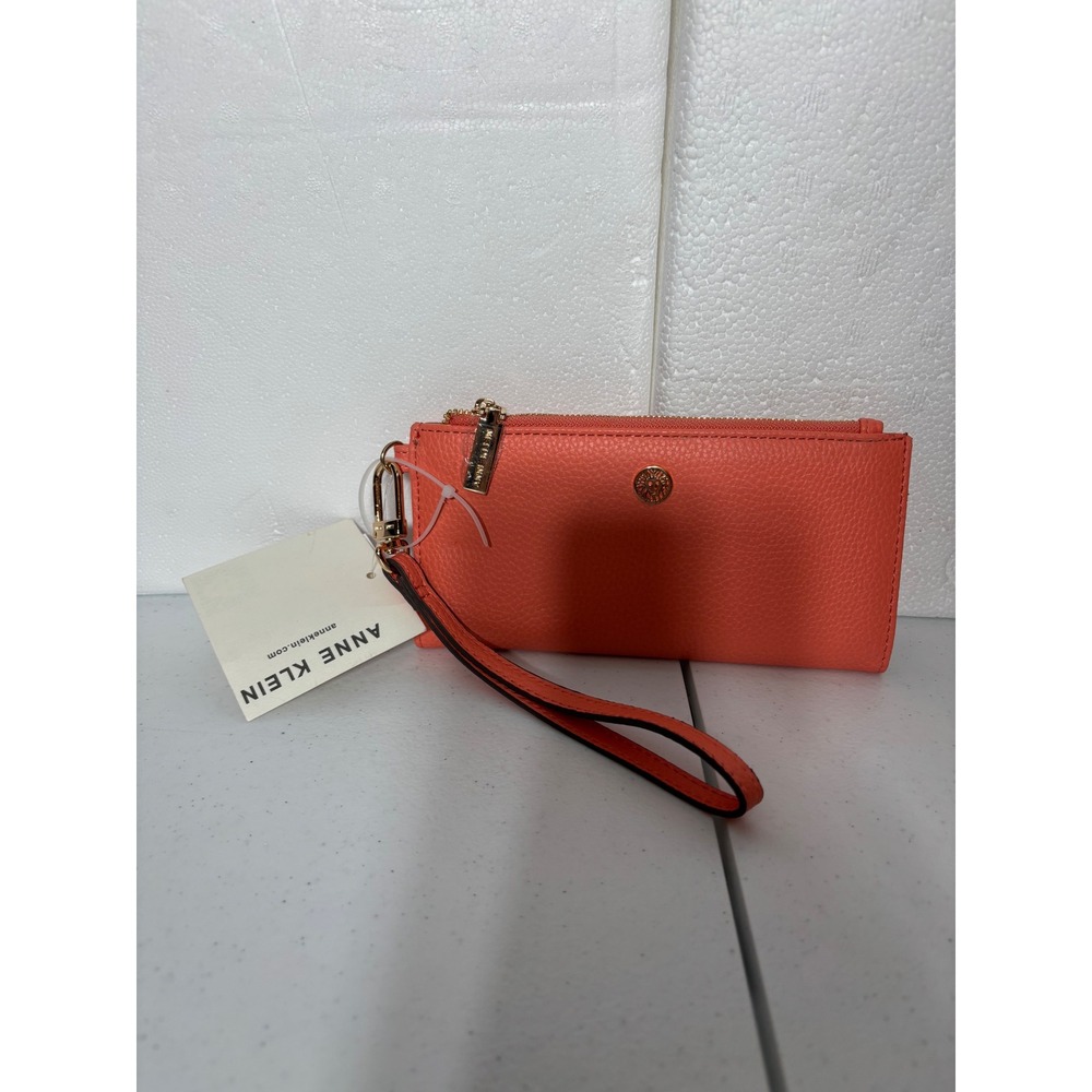 Anne Klein Coral Leather Zip Around Wristlet Clutch Wallet Card Holder NEW